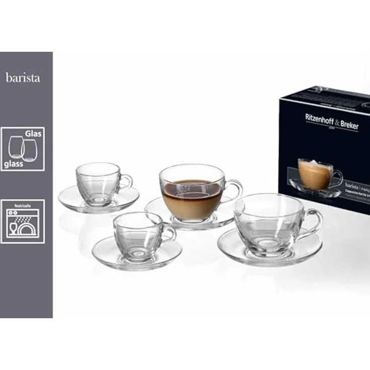 PRESOTTO Espresso-Set, 4-teilig, Transparentes Glas, spülmaschinenfest, 80 ml Tassen mit Untertassen – Bild 3