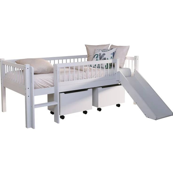 FORREST Buche Junior-Spielbett 90x200 cm, inkl. Lattenrost, Leiter, 2 Rollboxen und Rutsche, Ausf. Buche massiv weiß lackiert – Bild 2