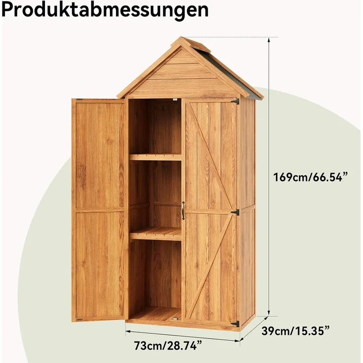 Aoxun Geräteschuppen Holz 73x39x169cm mit Regalen, giebelförmiges Gartenhaus mit Asphaltdach & Doppeltüren, wetterfester Gartenschrank Outdoor für Balkon Terrasse Hinterhof,Natürlicher Holzfarbton – Bild 2