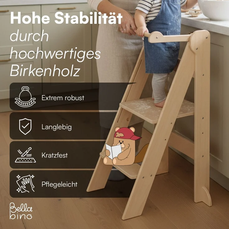 Bellabino 'Tay' Lernturm für Kinder ab 1 Jahr, Tritt 2-fach höhenverstellbar, natur, Birke Sperrholz, klappbar, Tritthocker bis 50 kg belastbar – Bild 5