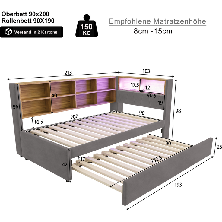 Polsterbett Ausziehbett 90/200 cm mit 90/190 cm Gästebett, LED, USB-C und Stauraum, Flanell Dunkelgrau, ohne Matratze – Bild 5