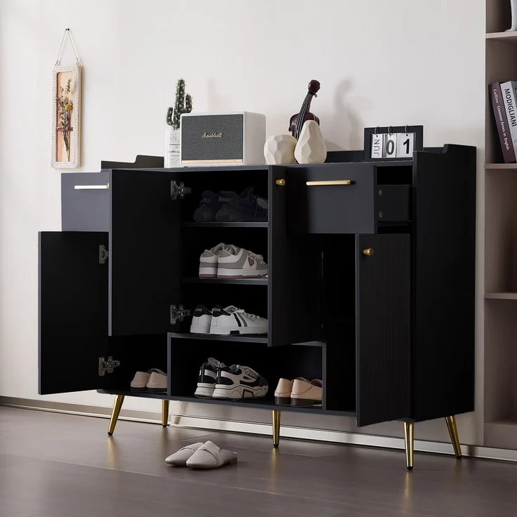 Schuhschrank Schwarz mit 4 Türen, 2 Schubladen und offenem Fach, Aufbewahrungsschrank für Schuhe, Flur, Eingangsbereich – Bild 3