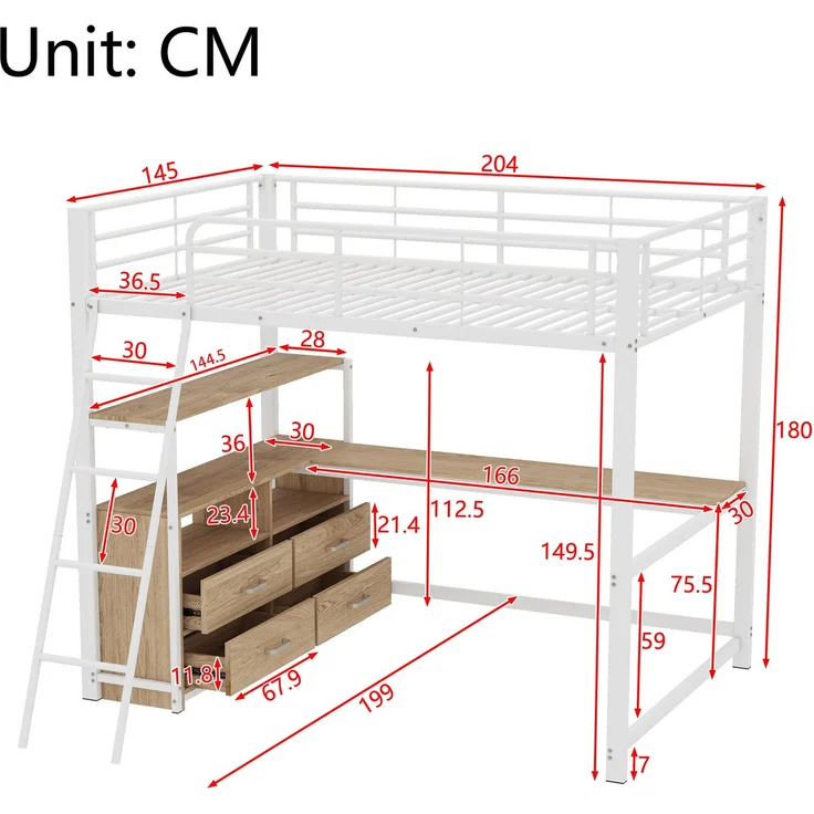 EINHOM Hochbett, 140 x 200 cm, Eisenrahmenbett, Praktische Schubladen, Stilvoller L-förmiger Schreibtisch, Laminatdesign, Weiß (Ohne Matratze) – Bild 2