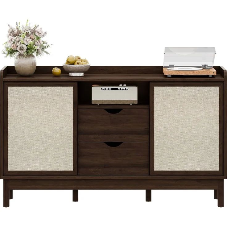 DESVIAE Sideboard mit Schiebetüren und 2 Schubladen 150x80x39,5 cm Spanplatte Natur – Bild 7