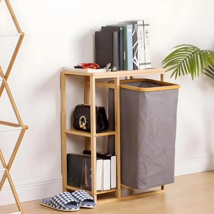 Avilia Badezimmerschrank aus Bambus mit Wäschekorb aus Stoff und 2 Einlegeböden – 50 x 30 x 70 cm – Fassungsvermögen des Korbs 15 kg, Ablagen 6 kg – Korb für schmutzige Tücher, geeignet für Bad und – Bild 3