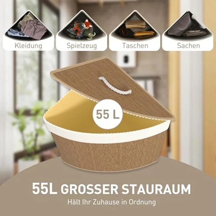 HOMCOM Wäschekorb 55 L Eckwäschekorb mit herausnehmbarem, waschbarem Innenbeutel (mit Deckel, 1 St, dreieckiger Wäschesammler aus Bambus), 35 x 35 x 60 cm, Braun – Bild 3