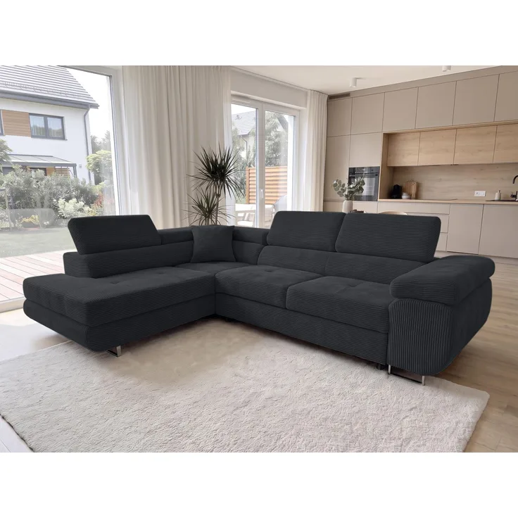 AX LIVING Konak Cord-Schlafsofa L Schwarz 276 cm breit mit Bettkasten, Kopfstützen