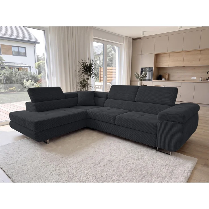 AX LIVING Konak Cord-Schlafsofa L Schwarz 276 cm breit mit Bettkasten, Kopfstützen – Bild 1
