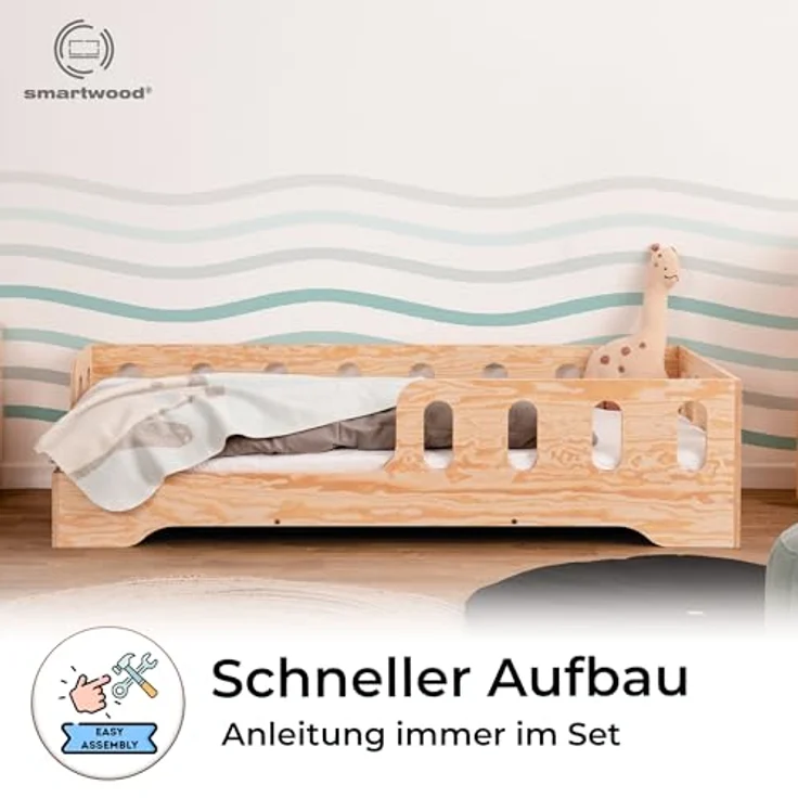 smartwood TILA 1L Kinderbett 70x140 | Montessori Bodenbett mit Lattenrost & Rausfallschutz | Für Jungen & Mädchen | Sicheres und Robustes Holzbett für Kinder ab 3 Jahren – Bild 6