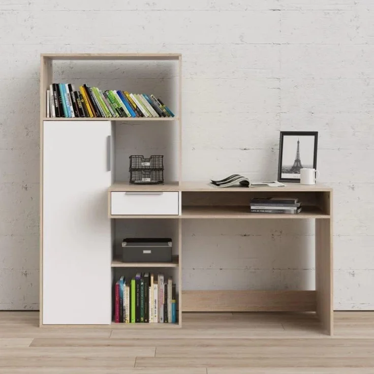Multifunktionsschreibtisch mit Bücherregal, Schublade und Tür, Farbe Weiß und Eiche, 162 x 155 x 60 cm – Bild 2