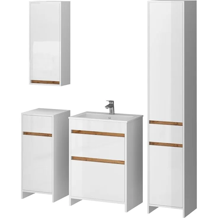 Badmöbel-Set Detmold Weiß Hochglanz/Goldkraft Eiche 5er-Set Vicco