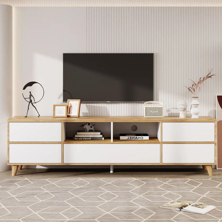 Modernes TV-Gerätemöbel - 175x37x51cm in Weiß & Holz mit praktischem Stauraum, 175 x 37 x 51 cm, Holzoptik+Weiß – Bild 6