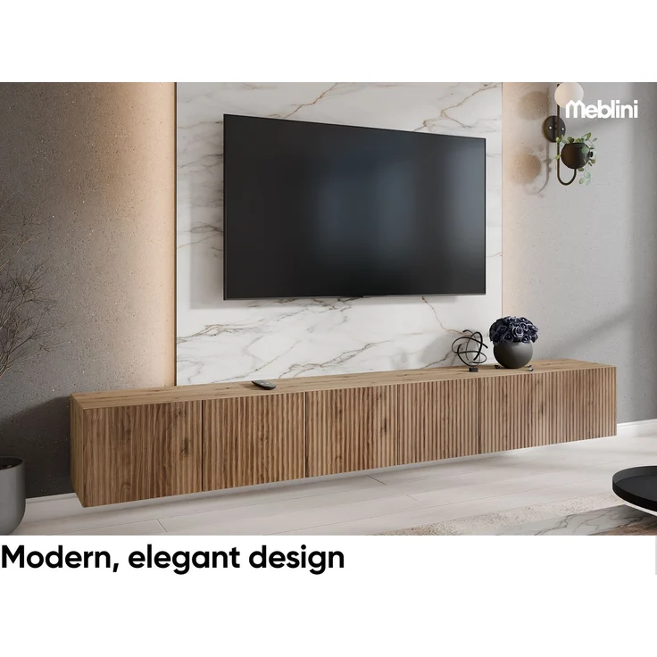 MEBLINI TV-Schrank 300cm Lang - Fernsehschrank - TV Lowboard Industrial - Unterschrank für Fernseher - TV-Unterschrank - TV-Schrank - Hängeschrank - NOEMI - 300x40x41cm - Artisan Eiche/Catania Eiche – Bild 2
