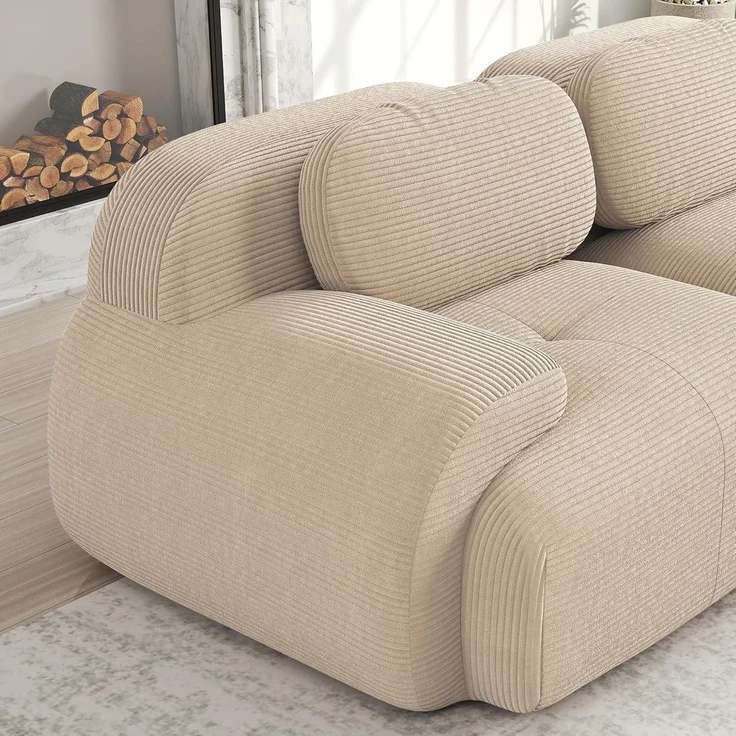 Sofa Uförmiges Cordstoff Wohnzimmer Wohnung Beige J 4 Sitzer 2 Hocker – Bild 8