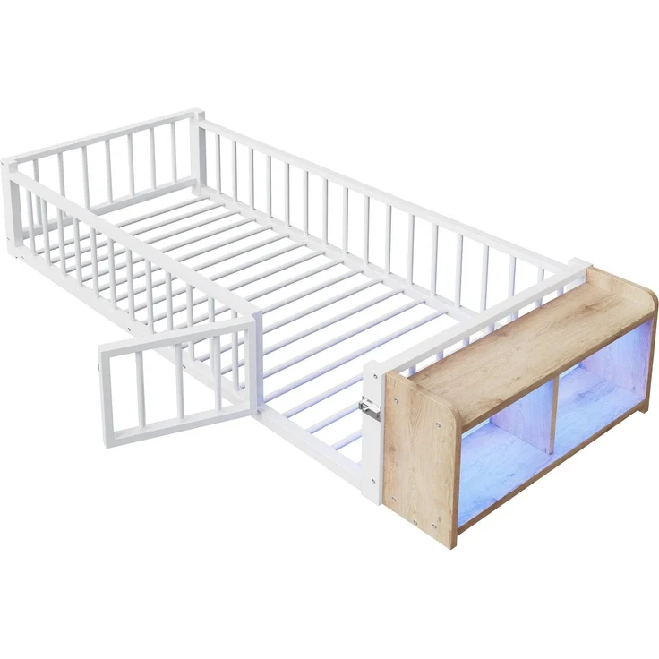 Kinderbett mit LED-Streifen, Regal, Zaun, Lattenrost und Tür, 90x200 cm, Einzelbett mit Rausfallschutz, Metallbett – Bild 8