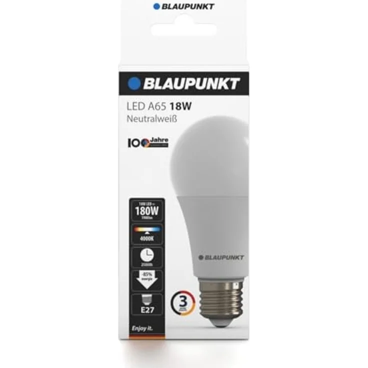 Blaupunkt LED Leuchtmittel A65 LED Lampe, E27 Sockel, 18W, Ersetzt 180W Glühlampen, Neutralweiß 4000K, natürliches Tageslicht, nicht dimmbar, 1980 lumen, Glühbirnen, 1 Stück (1er Pack) – Bild 4