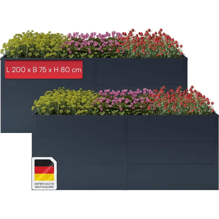 STEELSØN 'Icarus' Hochbeet, Metall, anthrazit, wetterfest, 200x75x80 cm, Pflanzenbeet mit offener Bodenstruktur, 2er-Set