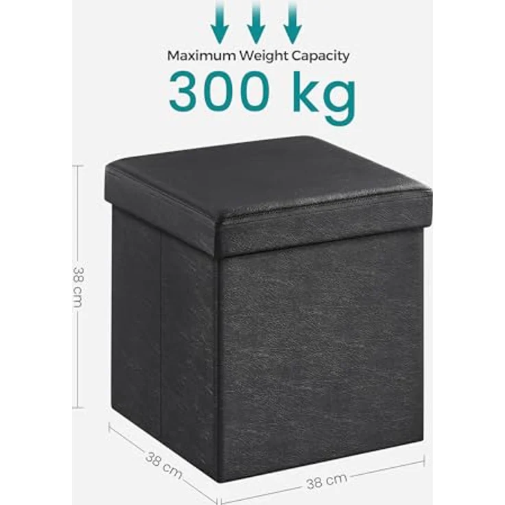 Songmics Faltbarer Sitzhocker Aufbewahrungsbox belastbar bis 300 kg, Lederimitat, schwarz, 38 x 38 x 38, LSF101 – Bild 4