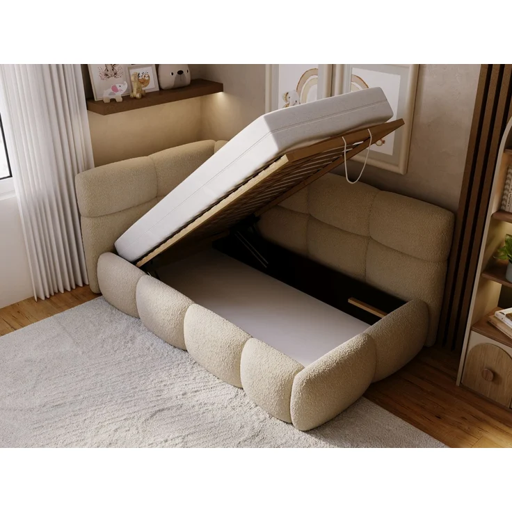 GRAINGOLD Modo One Jugendbett 90x200, Einzelbett mit Bettkasten, mit Lattenrost, Bouclé-Stoff, Rechts, Dunkelbeige – Bild 6