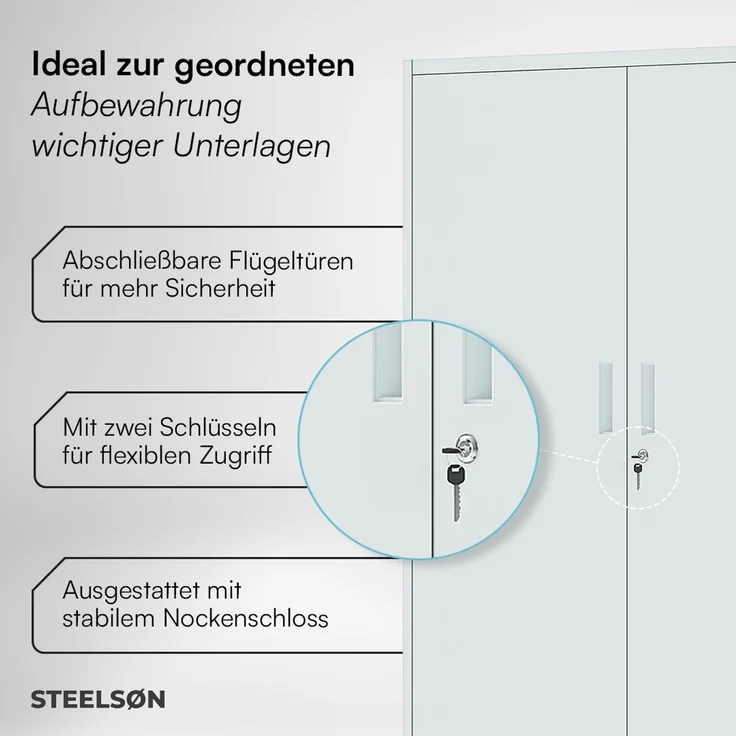 STEELSØN 'Regulus' Aktenschrank, Metall, hellgrau, 140x90x40cm, abschließbar, Metallschrank mit 4 Fächern, geeignet als Werkzeugschrank – Bild 3
