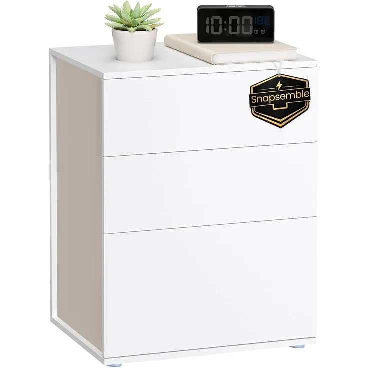 Vasagle Nachttisch, Beistelltisch 3 Schubladen, Nachtschrank modern, Schlafzimmer, Wohnzimmer, Mattweiß-cappuccinobeige