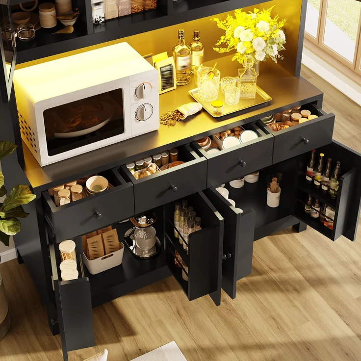 Hochbuffetschrank 140*38.5*180cm mit App-gesteuerter RGB-LED, Glastüren & 4 Schubladen, verstellbare Einlegeböden, belastbar bis 100kg, Schwarz--Schwarz--140x38.5x180cm--YOUDENOVA – Bild 9