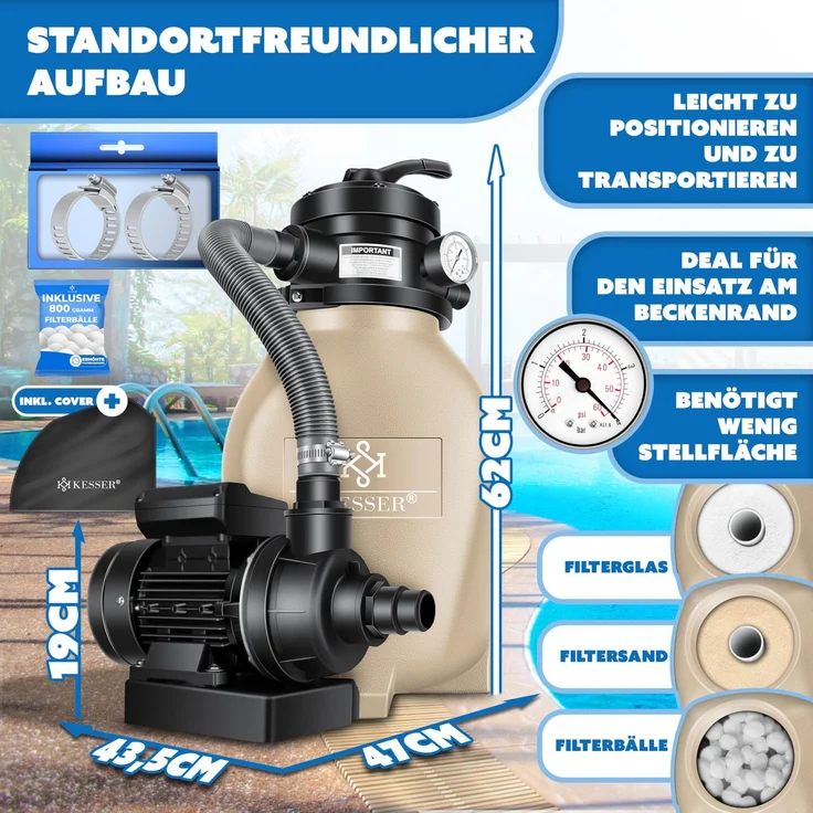KESSER® Sandfilter Sandfilteranlage + 800g Filterbälle ersetzen 25kg Filtersand- Poolfilter 10 m³/h Filteranlage Filterkessel für Pool Schwimmbecken 4-Wege Ventil , einfache Steuerung Sand – Bild 2