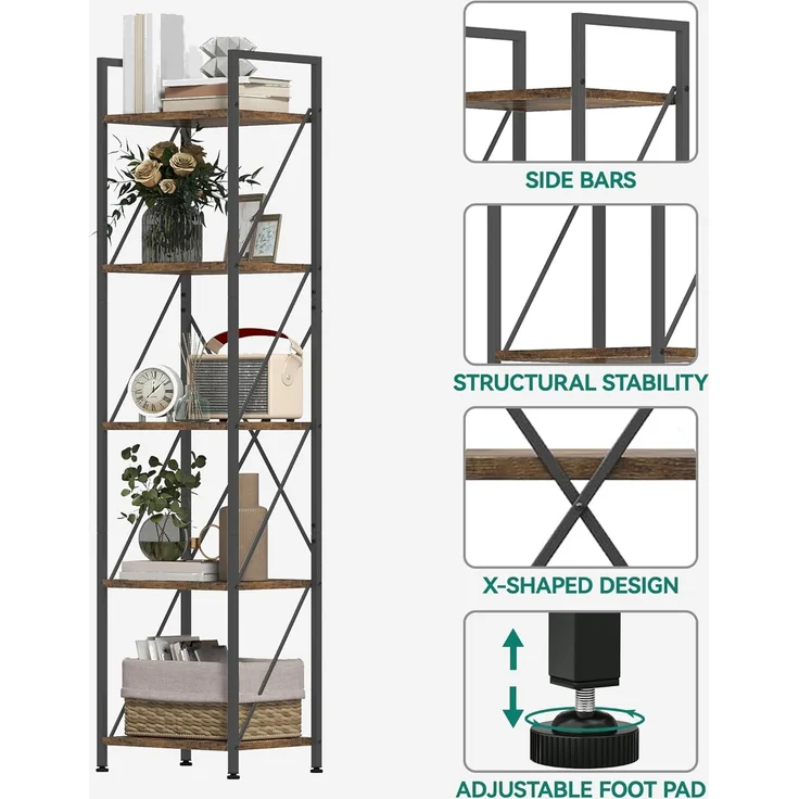YITAHOME Bücherregal, 5-stöckiges Industrielles Standregal, Holzregale und Metallrahmen, Ausstellungsregal, Lagerregal für Wohnzimmer, Home-Office, Küche, Schlafzimmer, Vintagebraun Regal – Bild 5