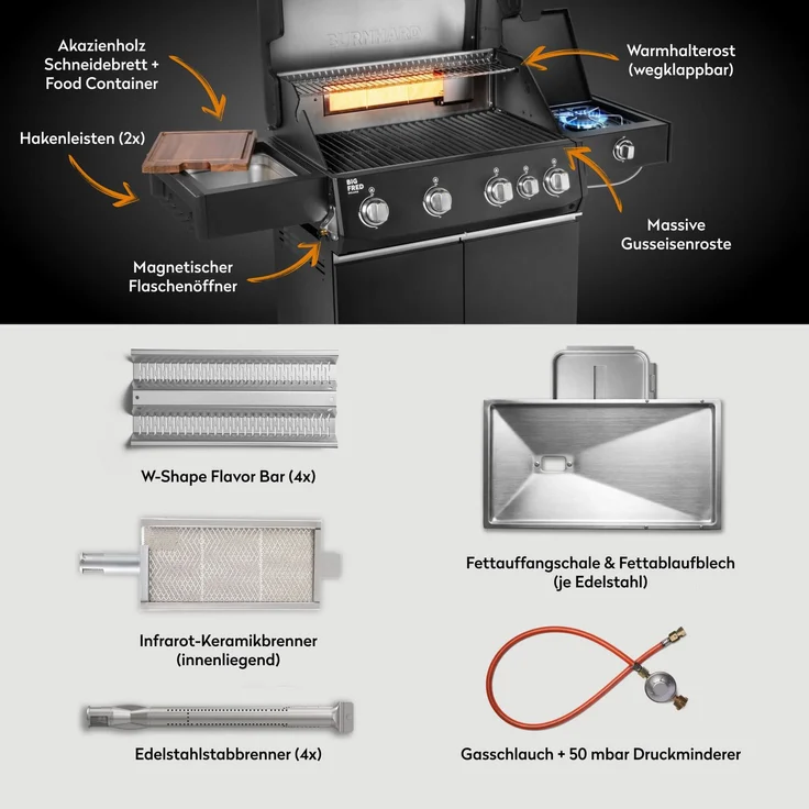 BURNHARD® 'Big FRED Deluxe' Gasgrill, 4-Brenner, Infrarot-Keramikbrenner, Heckbrenner, Seitenkochfeld, 70 × 41,5 cm Grillfläche – Bild 4