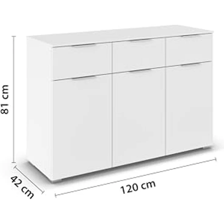 Rauch Möbel Alabama, Kommode für Schlafzimmer, Kinderzimmer, Garderobe, Flur, 3-türig, mit 3 Schubladen, Soft-Close-Fuktion, Farbe Weiß, Griff Alufarben, Maße 120 x 81 x 42 cm – Bild 3