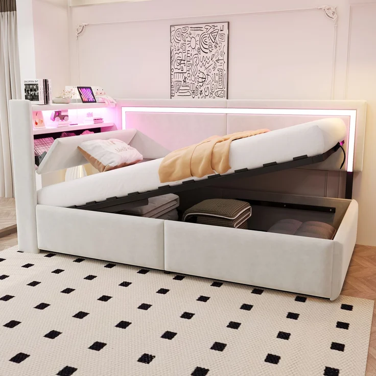 Polsterbett Schlafsofa 90x200 cm Mit LED-Beleuchtung und USB-Ladeanschlüssen. Kopfteil Lässt Sich Zum Verstauen öffnen. Hydraulisches Stauraumsystem unter Dem Bett, Samtstoff Beige – Bild 2