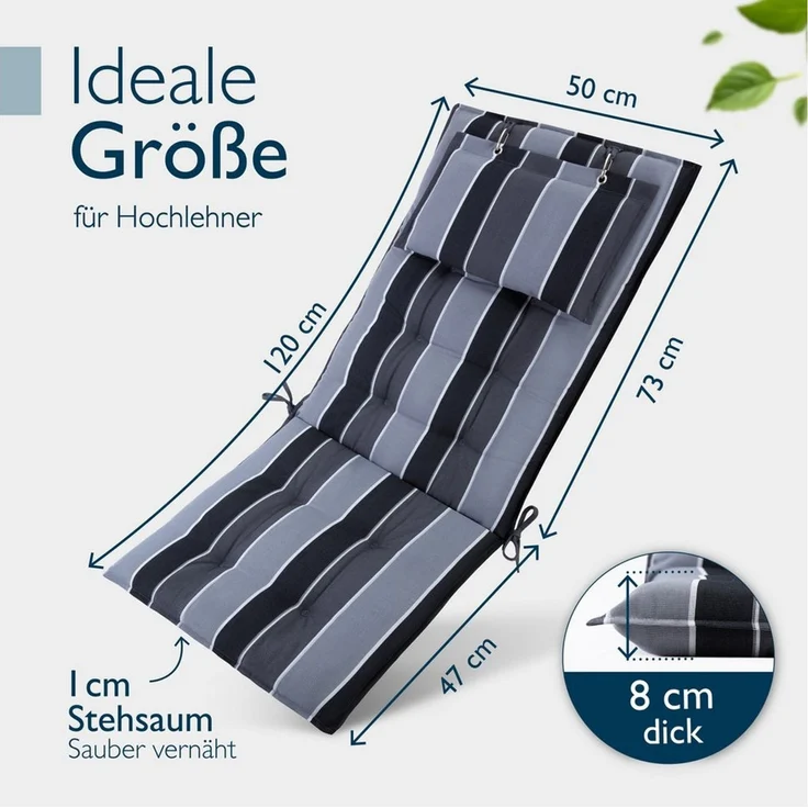 Beautissu Hochlehnerauflage Premium Hochlehner Auflage Kopfpolster Sun Sun-HL, 120x50cm, Anthrazit, Mit Kopfpolster, rutschfest & robust – Befestigungsbänder, UV 5 – Bild 2
