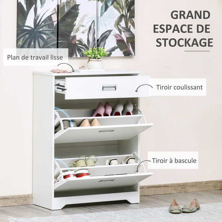 Schuhschrank mit 2 Klappschubladen, verstellbarem Einlegeboden + 1 Schublade für bis zu 16 Paar Schuhe, 70 L x 29 L x 92 H, Weiß – Bild 6