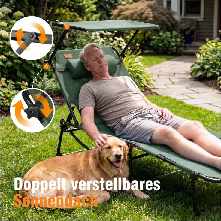 HOMECALL Gartenliege Sonnenliege mit Gesichtsöffnung und Sonnendach, klappbarer Liegestuhl, bis180 kg 200x70cm 4-Fach verstellbare Rückenlehne, 1 St, für Garten, Strand und Camping – Bild 3