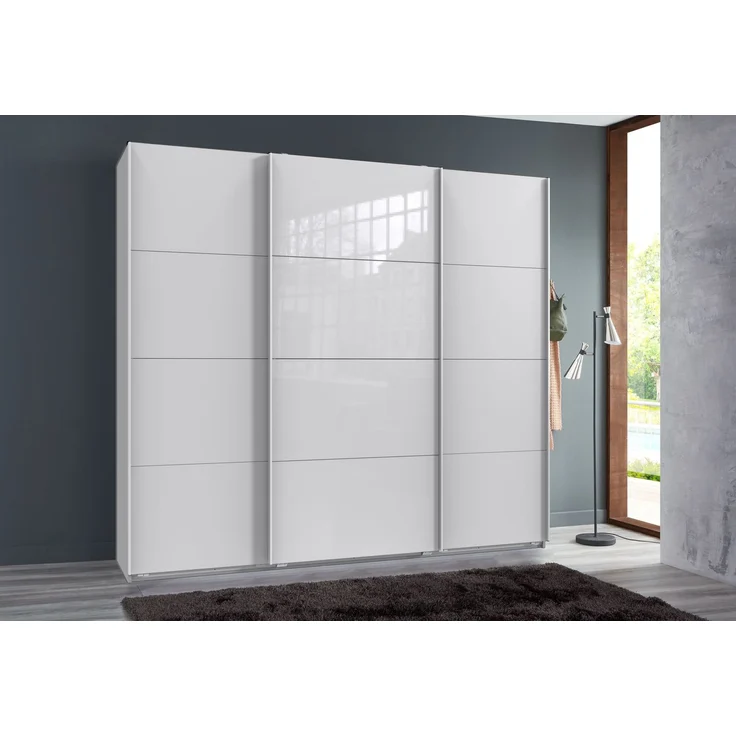 Schwebetürenschrank Kleiderschrank B225 cm extra H236 cm 3-türig. Weiß, 1x Tür Glas Weiß – Bild 3