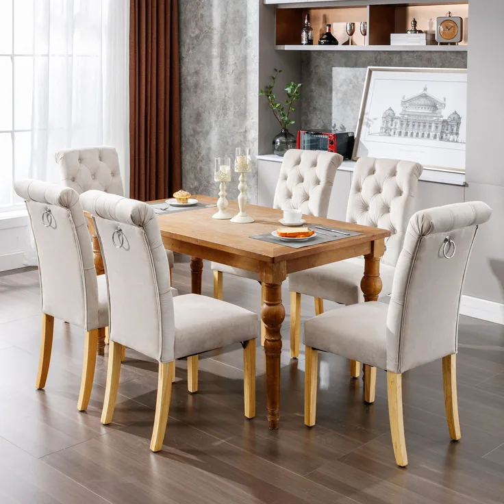 Esszimmerstühle, Samt, 6er Set mit Eichenbeinen & Knopfdetails, 100 x 63 x 43, Beige