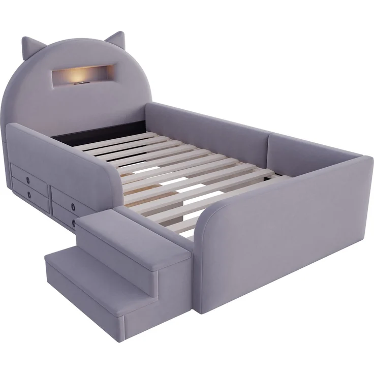 LVHOM Kinderbett 90x200cm mit Rausfallschutz, Polsterbett mit Nachtlicht, USB, Schubladen und Stufenbank, Samt, Dunkelgrau – Bild 3