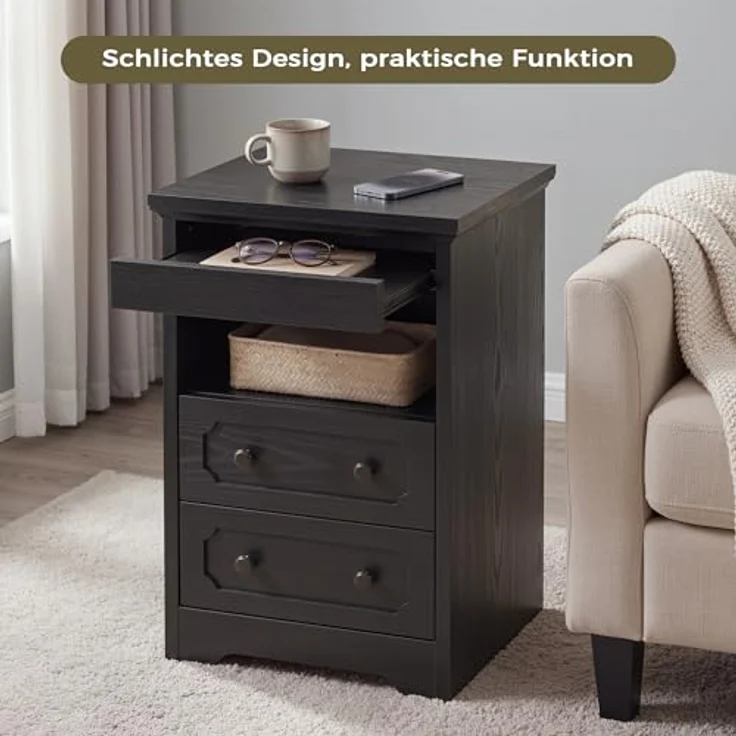 IRONCK Nachttisch, Moderne Nachtkonsole mit 2 Schubladen, Offenem Fach, Beistelltisch mit Herausziehbarer Ablage, Holz-Nachttisch für Schlafzimmer, Wohnzimmer, Schwarz – Bild 7