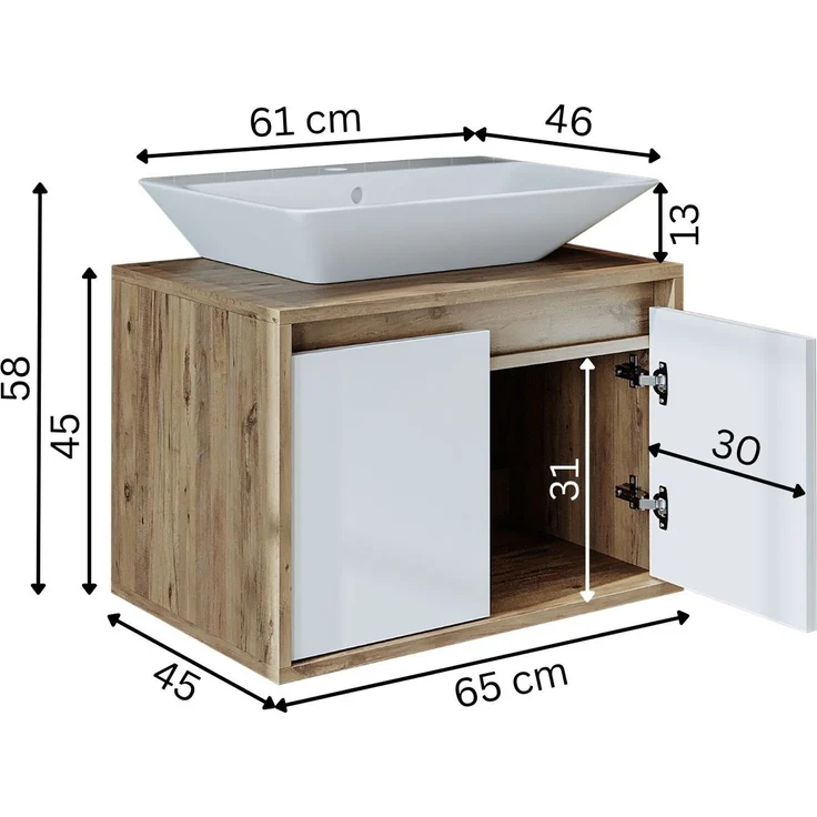 Roomart ATLANTIC-65 Badmöbel Set– 2-teiliges Badezimmermöbel Set - Waschbecken mit Unterschrank - H 45 x B 45 x T 65 cm • Weiß-Eiche – Bild 6