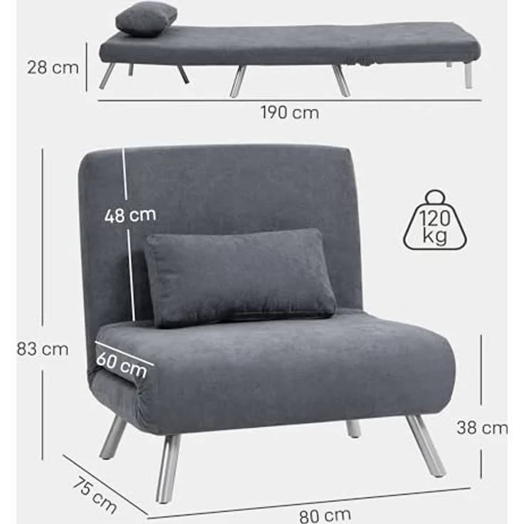 HOMCOM Schlafsofa mit verstellbarer Rückenlehne, abnehmbar Kissen, Samtoptik, 3-in-1 Schlafsessel 1 Teile, bis 120 kg, für Wohnzimmer, Schlafzimmer Dunkelgrau – Bild 4