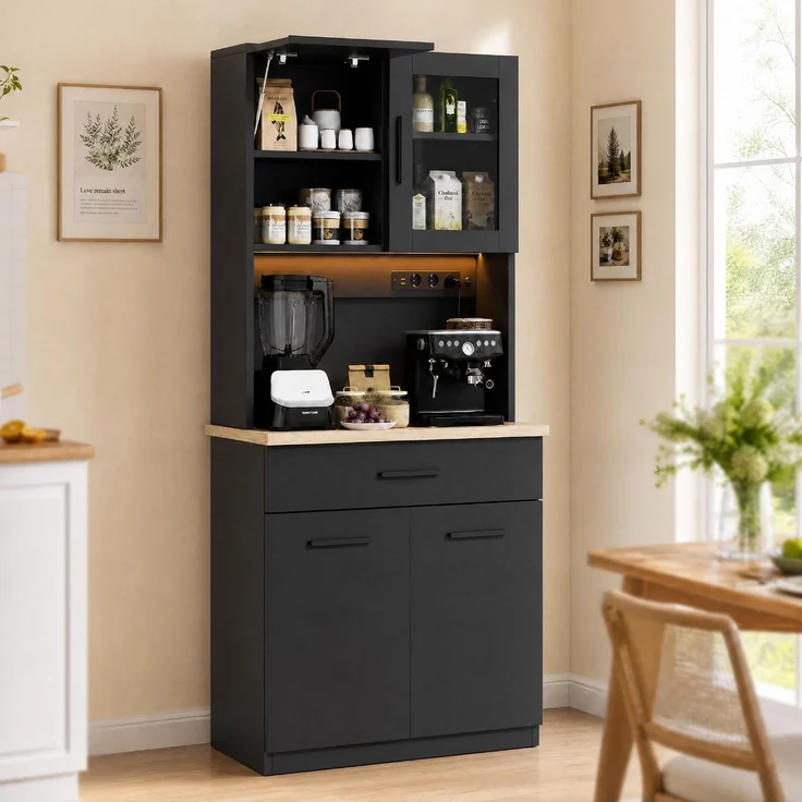 JUMMICO Küchenschrank mit Arbeitsplatte & Steckdose, Buffetschrank LED Soft-Close, Vorratsschrank Höhenverstellbar Verstärkte Rückwand, Mehrzweckschrank Küche Wohnzimmer (Schwarz*80CM)