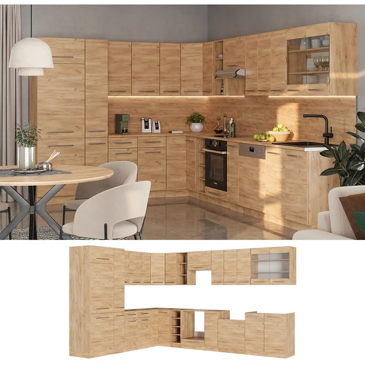 Eckküche Fame-Line Goldkraft Eiche/Goldkraft Eiche 347 x 257 cm ohne Arbeitsplatte Vicco – Bild 6