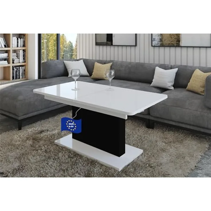 designimpex Couchtisch DC-1, Weiß Hochglanz, Rechteckig, Ausziehbar und höhenverstellbar, 126x58x70 cm