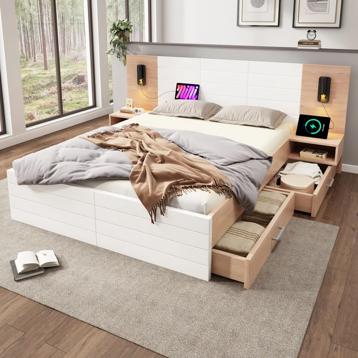 Bettgestell Massivholz/MDF mit Lattenrost, USB-Anschluss & 2 Schubladen, 140x200 cm, Weiß/Eiche, ohne Matratze – Bild 3