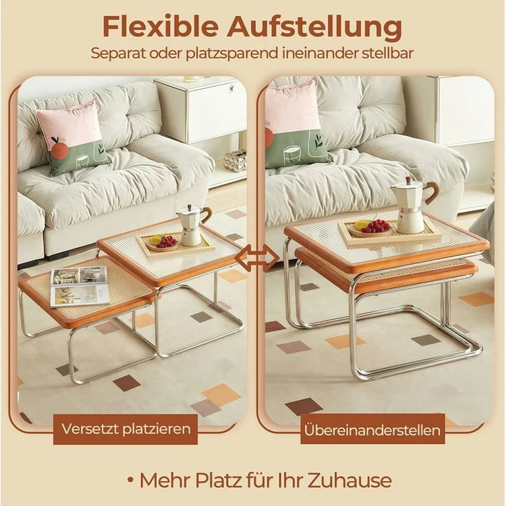 PFCTART Couchtisch 2er Couchtisch Set mit Glas & Rattan im Nesting-Design (2-St, 56/50 cm Beistelltisch für Wohnzimmer, Sofa & Lounge), Platzsparend stapelbar, Metallgestell & Kautschukholzrahmen – Bild 4