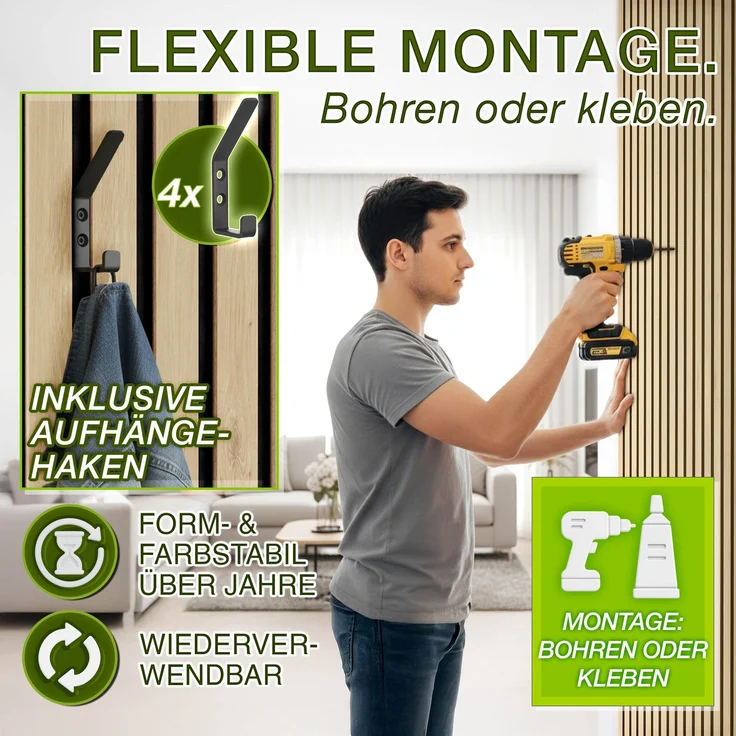 TRESKO® 2 Stück Akustikpaneele Holz 120×60 cm inkl. 4x Kleiderhaken | Wandverkleidung Eiche Hell als 3D Lamellenwand | Holzpaneele Paneele für Schallschutz | Akustik Wandpaneele mit Montageset – Bild 5