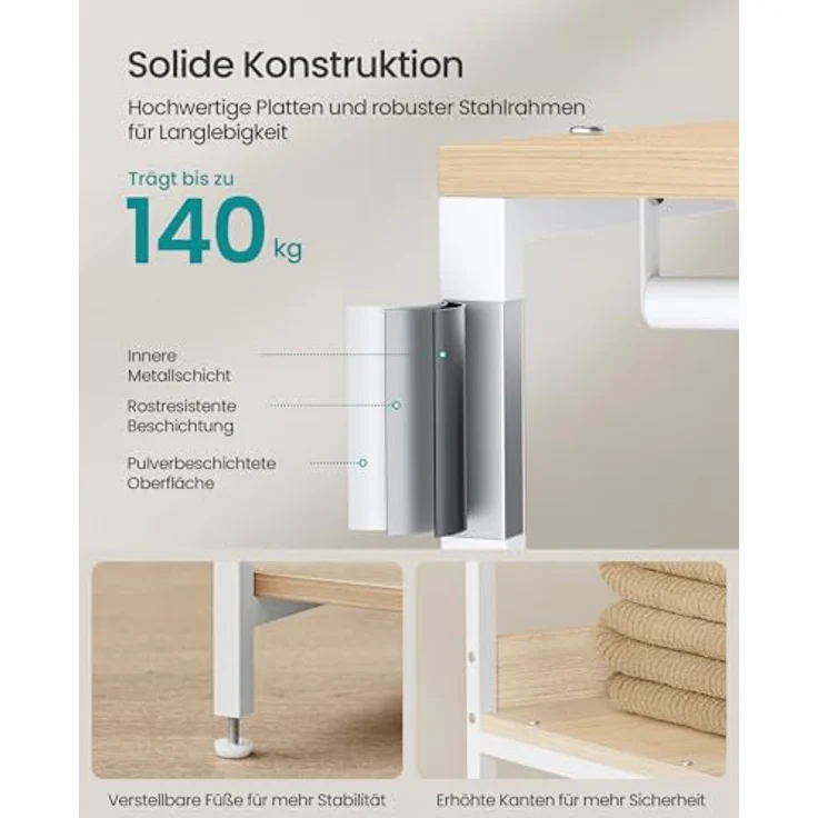 SONGMICS Kleiderschrank offen, Kleiderständer, Garderobenständer, Garderobe mit Kleiderstange, Ablagen, abnehmbare Haken, 40 x 98 x 181 cm, naturbeige-mattweiß RGR024W01 – Bild 4