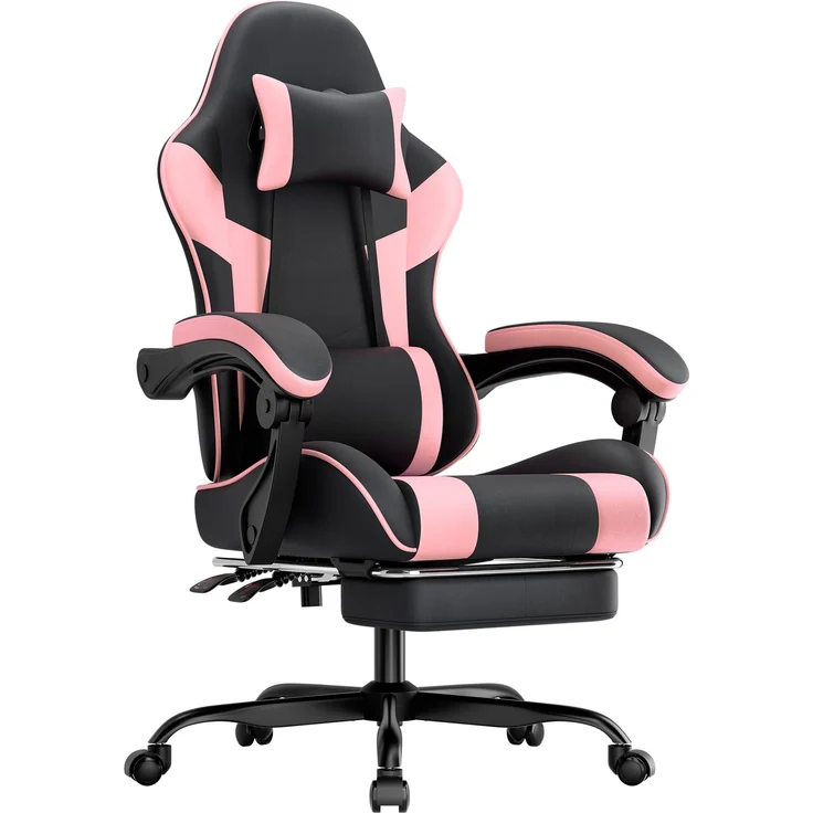 Gaming-Stuhl, PVC-Leder, ergonomisch, mit verstellbarer Rückenlehne & Fußstütze, 58,5x63x120,5 cm, Schwarz+Rosa – Bild 3