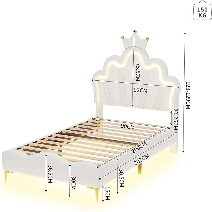 Merax Einzelbett, Polsterbett 90*200cm, Kinderbett kronenförmiges Prinzessinnenbett, weiche Polsterung aus PU-Leder, verstellbarer LED-Umgebungslichtstreifen, weiß – Bild 4