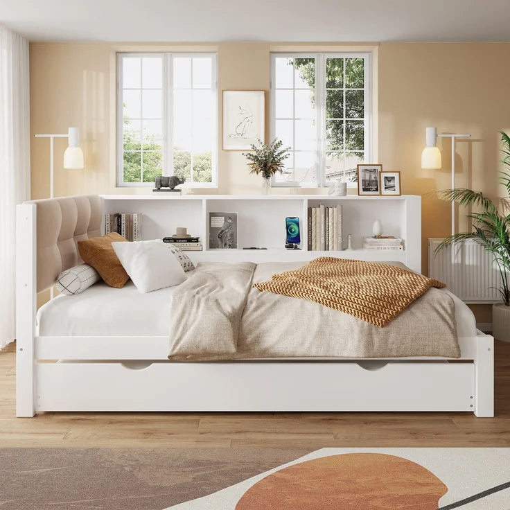 Merax Daybett, Tagesbett, Schlafsofa, 90x200cm, Einzelbett(Ohne Matratze), mit ausziehbarem Bett, mit dimmbarer LED-Leiste, mit praktischem Regal, mit USB-Anschluss, 90x200cm, Kiefernholz, Weiß – Bild 3